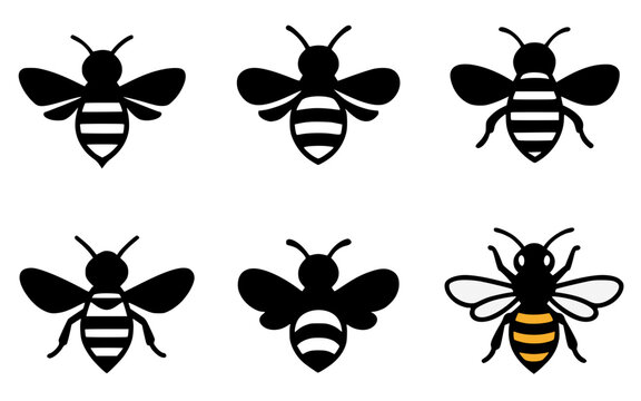 Honey bee set icon illustration, in silhouette design, isolated on transparent background