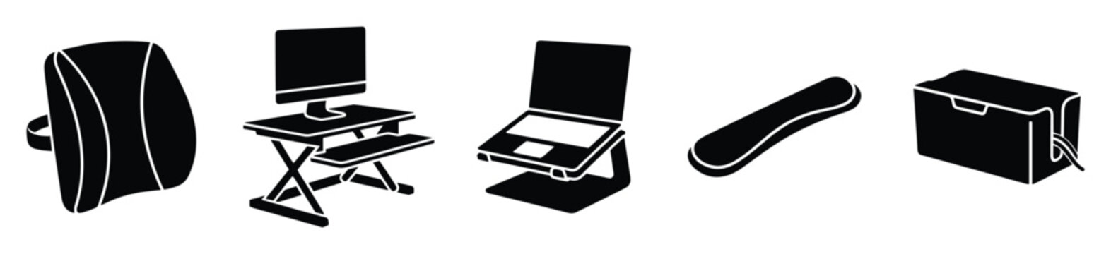 Ergonomic office furniture and computer peripherals including a standing desk converter, laptop stand, and back support for healthconscious home or professional workspace setups.