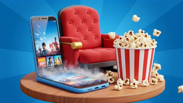 A vibrant 3D rendering depicts a miniature cinema setup with a phone, seat, and popcorn.