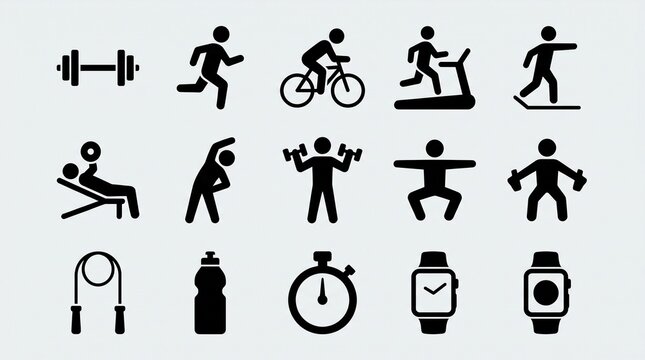   
Black silhouette icons of fitness activities including running, cycling, treadmill, bench press, stretching, dumbbells, squats, jump rope, water bottle, stopwatch, and smartwatch.