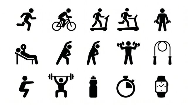   
Black silhouette icons of fitness activities including running, cycling, treadmill, bench press, stretching, dumbbells, squats, jump rope, water bottle, stopwatch, and smartwatch.