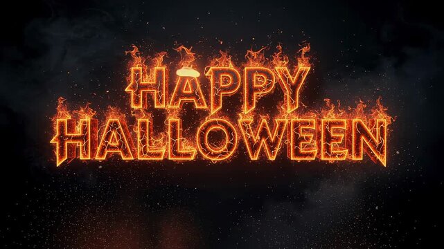 Fiery Happy Halloween Text Blazing Against Dark Smoky Background with Glowing Light Effects