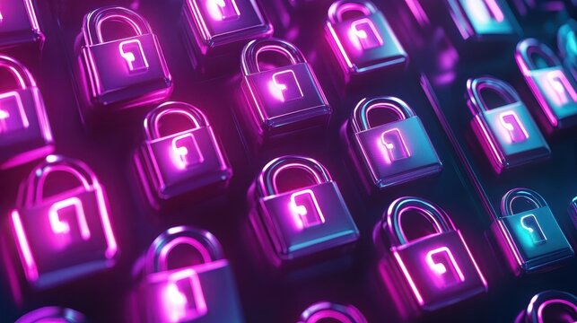 Multiple glowing digital locks symbolizing cybersecurity and data protection in a neon-lit environment