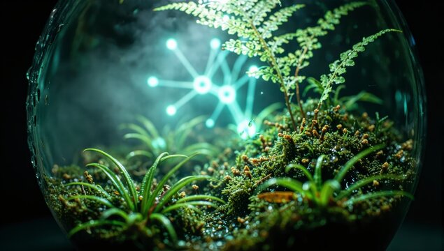 Small green fern plant growing inside glass terrarium with glowing digital molecular network hologram floating above moss