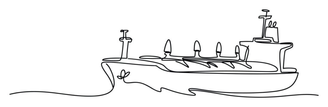 Minimalist one line art of a large cargo ship sailing across the water, ideal for logistics and shipping concepts