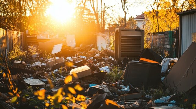 Illegal waste dump filled with mixed materials and makeshift barriers under bright daylight sun