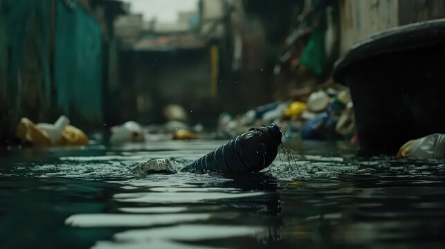 Plastic bottle floats in polluted urban waterway amidst trash and debris