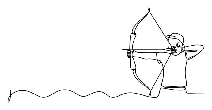 Continuous line drawing of an archer aiming a bow and arrow, ideal for sports and precision themes