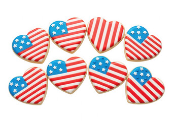 Obraz premium Collection of colorful heart-shaped balloons with red, white, and blue patterns isolated on transparent background