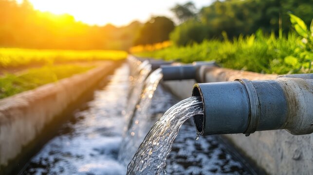 Rural irrigation system with water flowing from pipes under bright midday sun, showcasing agriculture and environmental concerns.
