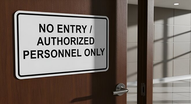 A sign on a door indicating no entry for unauthorized personnel