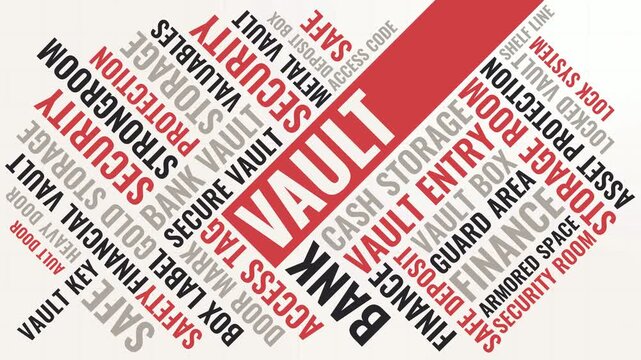 Bold Diagonal Vault Word Cloud Animation Shameless Loop. Vault Kinetic Typography Modern Banking Security Theme