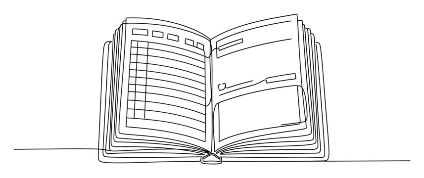 Continuous line drawing of an open planner notebook for business organization and educational content design