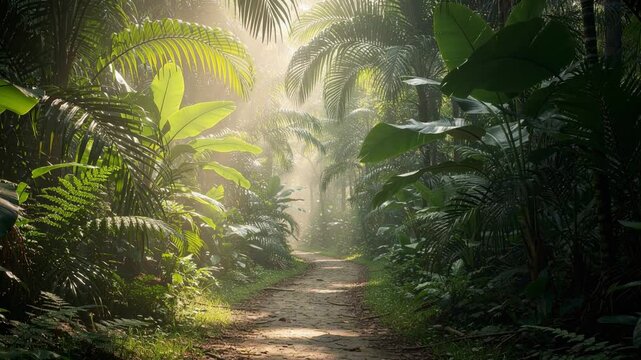 Sunlit jungle path winding through dense tropical greenery with soft light filtering in