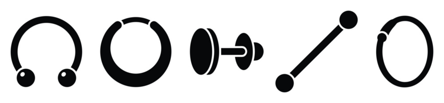 Different types of body piercing jewelry such as barbells, rings, and labrets for modern fashion accessory use