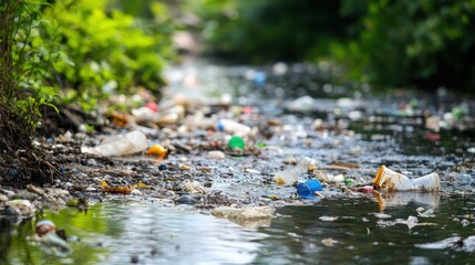 Fototapeta premium Polluted Stream Flowing With Discarded Plastic and Trash Amidst Greenery