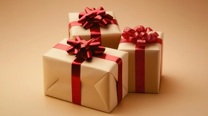 Obraz premium Three beautifully wrapped gift boxes with red ribbon bows and festive accents, prepared for holiday giving