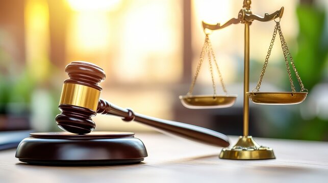 Symbolic Scales of Justice and Gavel Representing Legal Authority and Fair Judgment in a Courtroom