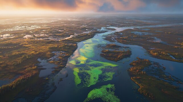 Vibrant toxic algae blooms spreading across a marshy wetland landscape under soft, colorful sky