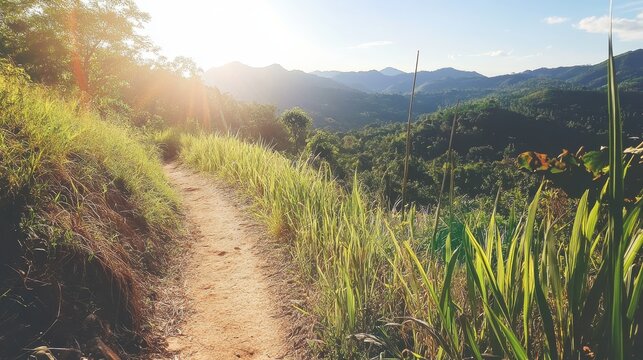 Winding dirt path through a lush, sun-drenched mountain landscape with rolling green hills.