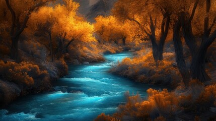 Fototapeta premium Vibrant Autumn River Flowing Through Golden Foliage Under Warm Golden Hour Light