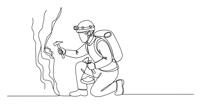 Professional geologist explorer collecting mineral samples from rock formation using hammer and backpack for research expedition
