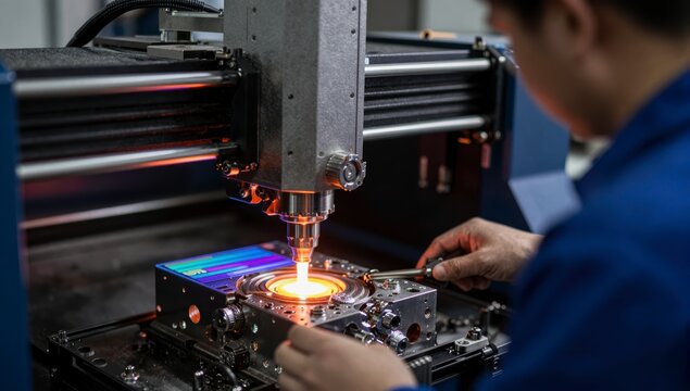 Skilled technician operating advanced CNC machine with glowing hot metal part in a factory setting