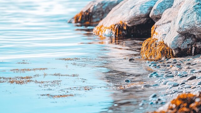 Vibrant shallow tide pools teem with marine life and reflect the bright sky during low tide, showcasing a dynamic coastal environment.