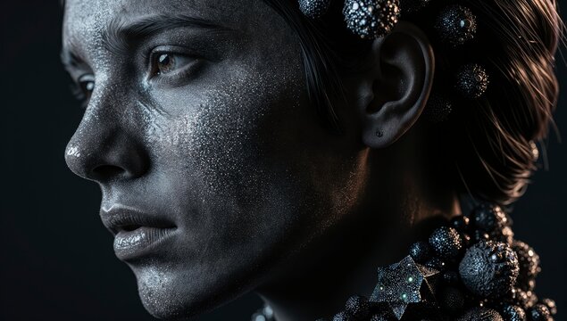 Close-up profile of a woman's face covered in shimmering metallic particles and futuristic crystalline adornments