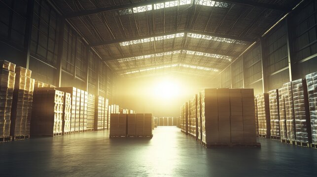 Vast retail warehouse filled with towering stacks of unsold merchandise and boxes under bright sunlight