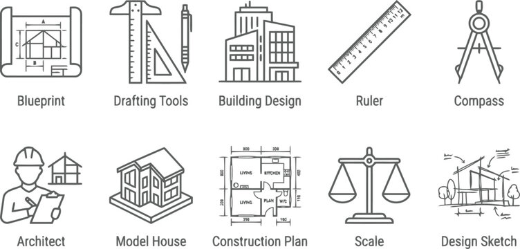 Set of architecture and construction icons, blueprint, drafting tools, building design