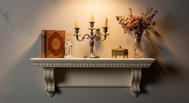 Antique Shelf Display with Candlestick and Old Book.
