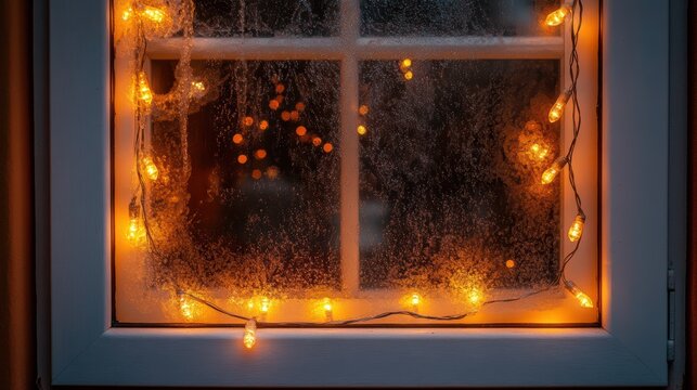 Warm glowing Christmas lights draped across a frosted window pane creating a cozy, festive holiday atmosphere indoors
