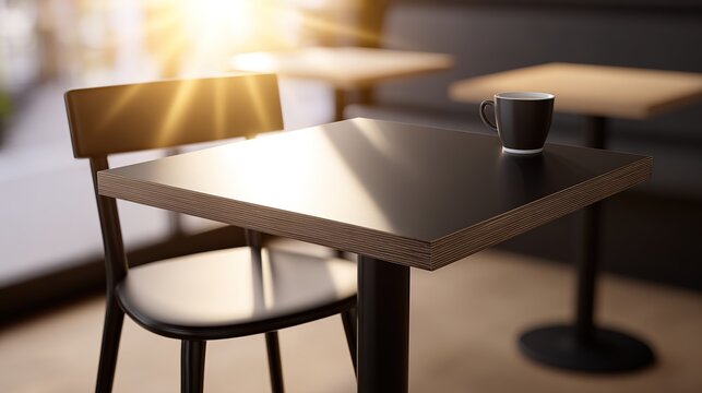 Cafe Corner & Morning Coffee: A solitary coffee mug sits serenely atop a table, bathed in the soft morning light. The quiet of the cafe is tangible, inviting moments of introspection. 