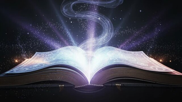 Ancient magical spellbook glowing mystical light with enchanted pages opening by itself