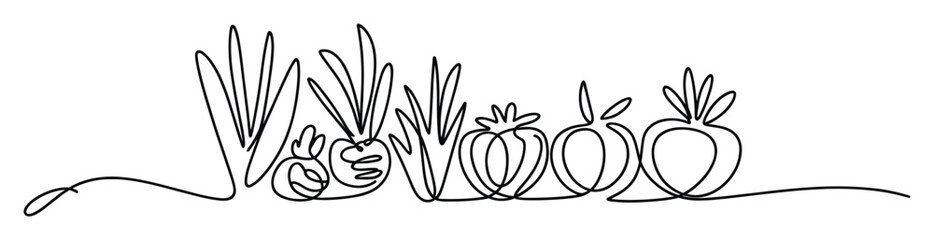 Fototapeta premium Minimalist continuous line drawing of fresh organic vegetables and fruits for healthy eating promotions and nutrition campaigns.