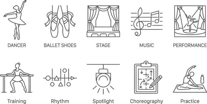 Ballet icons set, dancer, ballet shoes, stage, music performance