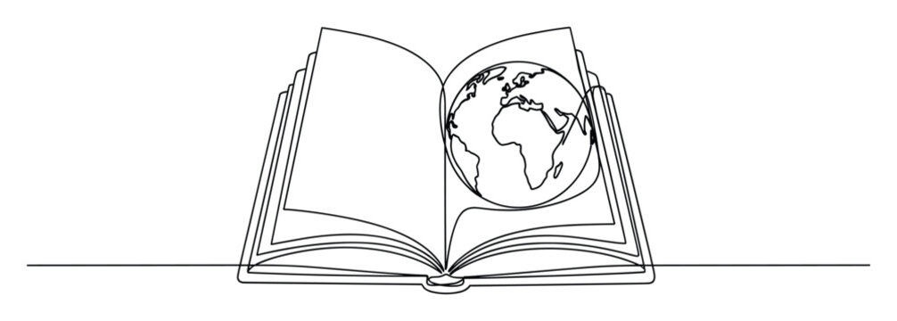Continuous line drawing of an open book with a globe symbolizing global knowledge and education for study materials