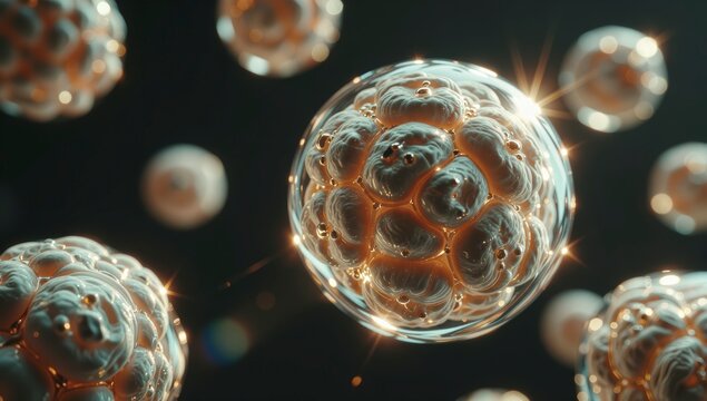 Microscopic view of multiple glowing embryonic cells or blastocysts representing early life development