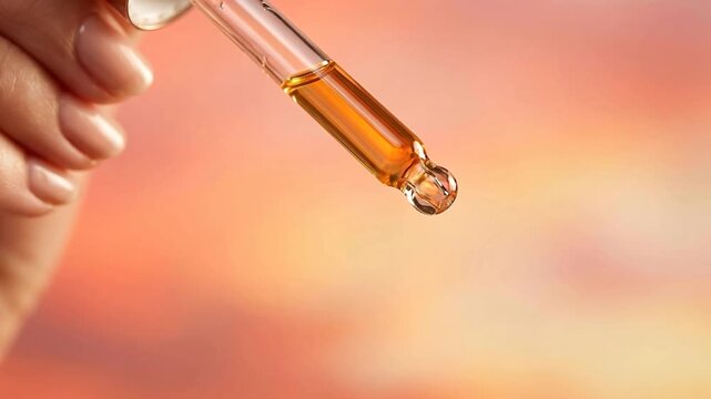 Close up of a woman's hand holding a glass dropper with golden serum dripping slowly against a soft gradient orange and pink background illustrating