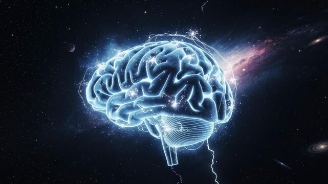 Glowing human brain with electric energy pulses and sparks floating in dark space animation