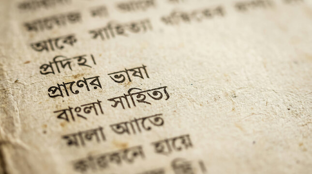 Close-up of ancient Bengali script on aged paper, showcasing traditional literature and cultural heritage in an old book with a timeless feel