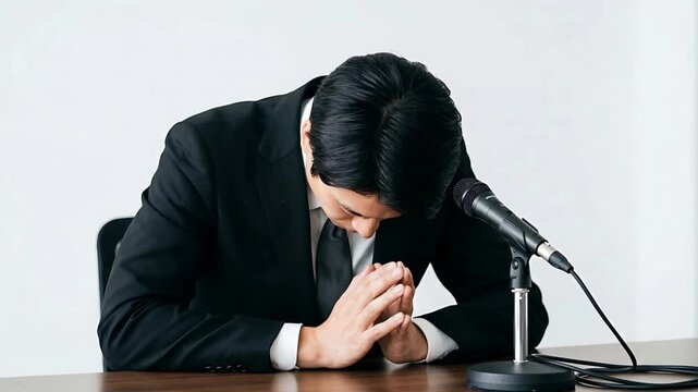 A Man In A Black Suit Bows Deeply In Front Of A Microphone At A Table With His Hands Clasped In A Gesture Of Apology Or Respect In A Clean Bright