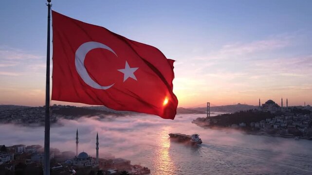 Turkish flag waving over bosphorus strait with mist at sunset and hagia sophia mosque in background.
