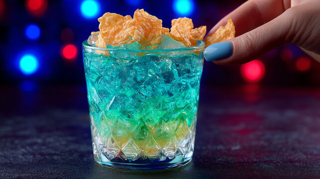 A hand adds a cereal garnish to a layered blue and yellow cocktail.