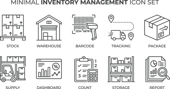 Minimal inventory management icon set with warehouse, tracking, and supply chain elements