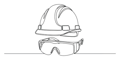 Fototapeta premium Minimalist continuous line drawing of a protective hard hat and safety goggles essential for workplace safety and protection