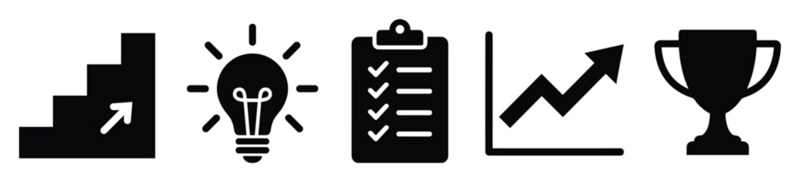 Business progress journey icons including idea generation planning growth and achievement for motivational success concepts