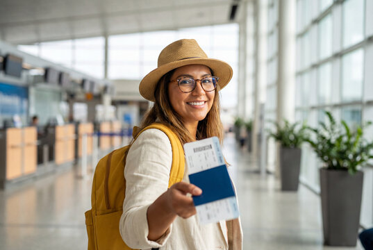 Smiling female traveler holding passport and boarding pass in airport terminal
