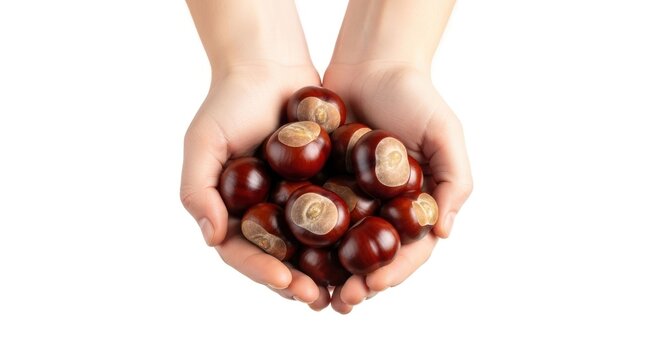 Hands holding a pile of shiny brown conkers on white background.